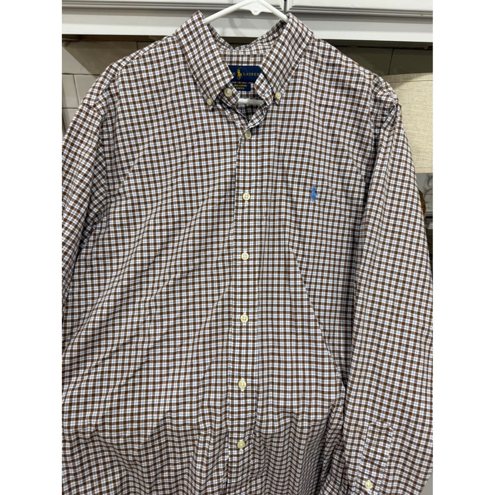 Polo Ralph Lauren Mens Large Brown Plaid Cotton Stretch Button Down Shirt L/S